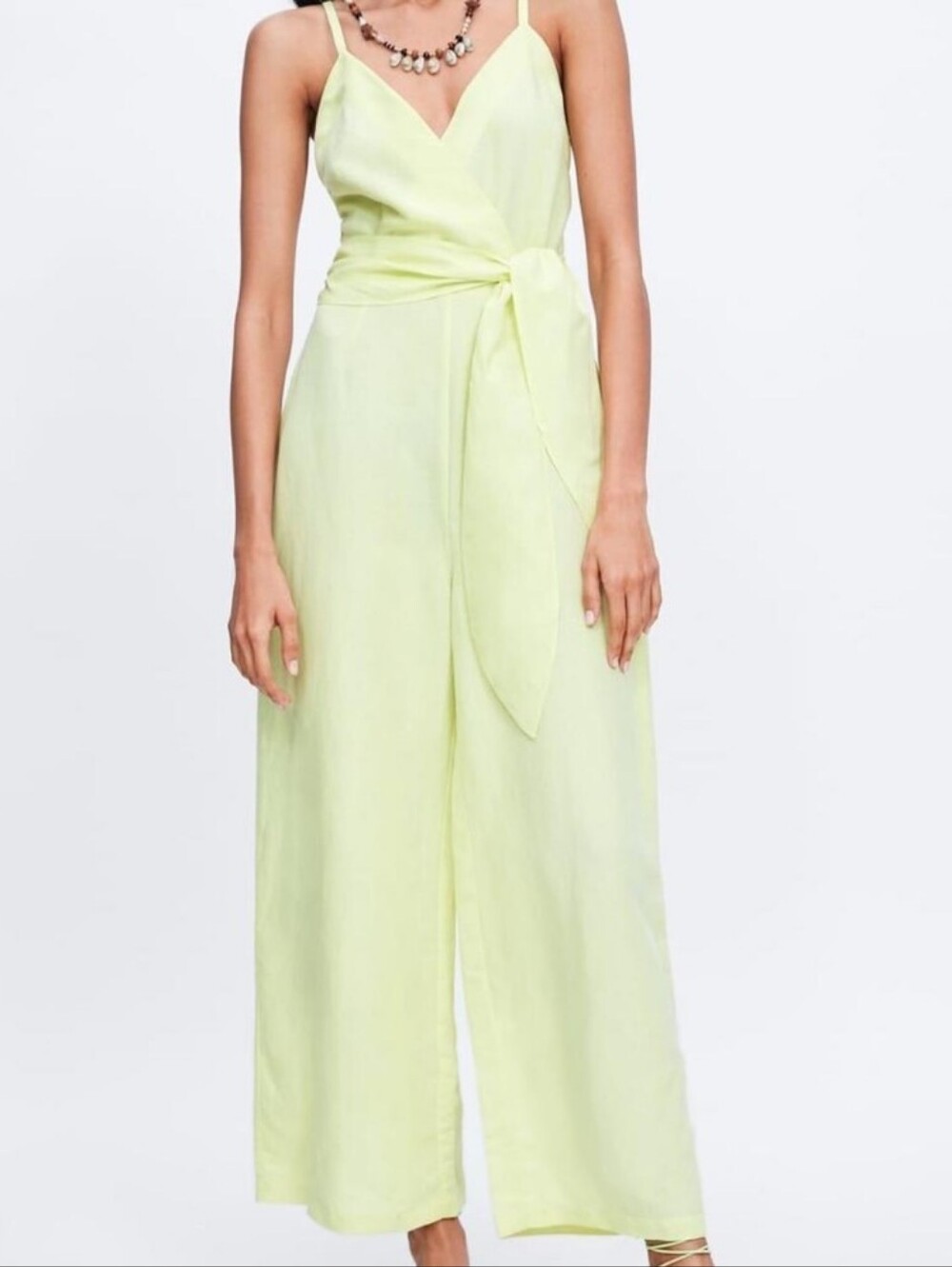 Zara Cropped Wide Leg Jumpsuit w/Belt V-neck Pastel Yellow Women's MEDIUM